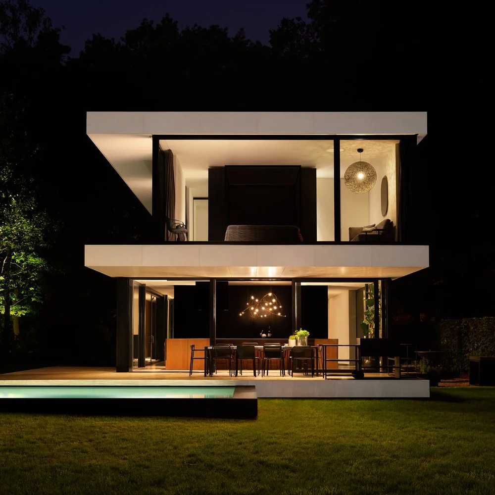 Modern house exterior at night